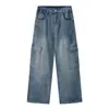Jeans de Trabajo Lavados Vintage para Hombre, Nuevo Estilo Callejero Americano Otoño/Invierno, Bolsillos Grandes, Pierna Ancha Suelta, Pantalones Largos hasta el Suelo