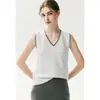Design estilo francês, pequeno top de malha V de cashmere, conjunto feminino de duas peças com acabamento contrastante, um top único e versátil com elegância chique e discreta