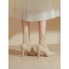 Botas Slim Elásticas Bico Fino Nude Salto Agulha Meio da Panturrilha 2025 Novas Botas Curtas Femininas Primavera e Outono Botas Single