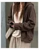 Sudadera con capucha estilo coreano, corte relajado, color café, prenda exterior para mujer, ligera, nueva colección principios de otoño 2026, cárdigan holgado, top de manga larga