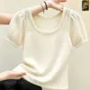Top de punto de moda para mujer para el verano, camisa versátil de manga corta ajustada estilo vintage coreano único con hombros normales