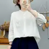 Camisa artística de estilo francés vintage con cuello alto y cinco mangas de gasa de algodón para mujer, top de verano de algodón puro con empalme de encaje y manga media