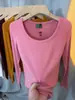 Camiseta de manga larga acanalada con cuello en U color rojo Ankela para mujer, top base elástico ajustado de color liso, versátil y de moda