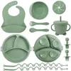 Alimento Complementario Infantil Transfronterizo Vajilla de Silicona Cordón Plato para Cenar Babero Bebé Tazón Complementario Ventosa Tenedor Cuchara Bebé Aprende a Comer