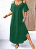 Nuevo vestido largo de color liso con cuello en V y hombros descubiertos para mujer, transfronterizo de Amazon Europa y América 2025