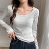 Camiseta de manga larga con cuello redondo y hombros descubiertos para mujer, diseño de tiro real, nueva camiseta de color liso para otoño de 2023