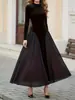 Vestido Largo de Terciopelo Negro Patchwork Estilo Europeo y Americano 2026 con Cuello Alto, Mangas Largas y Diseño que Ceñe la Cintura, Vestido Elegante Vintage