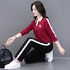 Traje esportivo casual de algodão de alta qualidade para mães de meia-idade, terno de duas peças feminino para primavera e outono, gola polo, lapela, cor contrastante, estilo ocidental