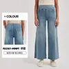 Calça Jeans Wide Leg Europeia e Americana Transfronteiriça Curta Plus Size para Mulheres, Cintura Alta Solta Emagrecimento Levanta Bumbum Bolso Fitness Casual