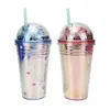 Copo pipeta de plástico PS de camada dupla 450ml copo de plástico copo pipeta 16oz copo de plástico de camada dupla copo de publicidade com grão de gelo