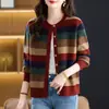 Cárdigan de punto a rayas retro para mujer, otoño e invierno, abrigo suéter abotonado de cuello redondo, estilo juvenil, top exterior de bloques de color