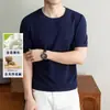 Camisa de punto de manga corta estilo Old Money para hombre con seda y lino, camiseta de cuello redondo, ropa de verano casual de alta gama para hombre
