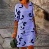 Comércio Exterior Europa e Estados Unidos Cruzamento de Fronteiras Algodão Linho Solto Estampado Suéter Vestido Midi Retrô Vestido Elegante Vestido Feminino