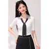 Suéter de punto de estilo universitario coreano con bloques de color en el cuello, imitación de dos piezas, para mujer, primavera/verano, ajuste slim, manga tres cuartos