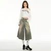 Shorts Jeans Cropped de Perna Larga Lavados com Estampa Dourada Retrô Americana para Mulheres, Marca da Moda Primavera e Verão, Calças Retas Soltas que Afinam