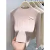 Top de punto de manga larga con cuello redondo y encaje de corbata de lazo para mujer, nueva camisa básica ajustada de otoño e invierno