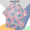 Camisa Havaiana de Seda Gelo Masculina Camisa Masculina da Moda de Manga Curta Verão Masculino Estilo Hong Kong Retrô Praia Flor Camisa Jaqueta Masculina