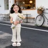 Conjunto de Niña de Color Sólido Verano Estilo Coreano Delgado Casual Top y Pantalones Acampanados Moda Linda Ropa Infantil Moderna