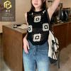 Chaleco de Punto Calado sin Mangas de Ganchillo para Mujer Otoño Exterior Chaleco Corto Sentido del Diseño Apilado Camisola Francesa Top