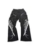 Pantalones deportivos negros acampanados con estampados de enredadera de espinas en ambos lados, bolsillos con cremallera metálica, cordón, cintura alta, pierna ancha, pantalones de largo hasta el suelo