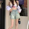 Shorts Jeans Desfiado de Cintura Alta de Designer Único para Mulheres, Estilo Outono, Amigável para Baixinhas, Emagrecedor, Shorts de Perna Larga Versátil