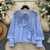 Camisa Estilo Coreano com Laço Feminina Manga Longa Solta Emagrecedora Branca Top para o Trabalho Estilo Doce Girly Elegante Camisa Feminina