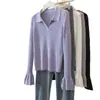 Camisa base de punto con cuello polo morado para mujer, corte ajustado, manga larga, para primavera y otoño, top de punto de alta gama