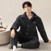 Pijama Masculino Veludo Coral Espessado Forrado com Lã Acolchoado Flanela Manga Longa Calça Conjunto Quente de Inverno para Casa para Homens