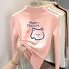 Camada base feminina com forro de fleece, novo estilo outono/inverno 2026 para crianças, blusa interna, tamanho médio a grande, camiseta de gola meio alta, quente