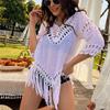 Blusa de playa para exteriores tejida calada con cuello en V ganchillo a mano holgada sexy diadema borla protección solar blusa bikini