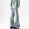 Jeans Azuis Lavados Estilo High Street Americano para Homens, Versátil Casual Wide-Leg para Primavera e Outono, Calças Wide-Leg Largas Soltas