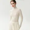Suéter Yangzi de malha fina 18 pontos, sem costura, 100% lã pura para mulheres, estilo fino, gola alta sobreposta, camiseta base justa ao corpo