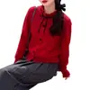 Cárdigan de punto hueco estilo francés con suave lazo, bordes festoneados y cuello redondo, elegante abrigo suéter para mujer