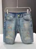 Hme Shorts de Mezclilla de Verano para Hombre Estilo Europeo y Americano Moda Retro Tendencia Marca Elástico Corte Delgado Estampado de Salpicaduras de Tinta Shorts de 5 Puntos Transfronterizo