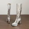 Botas de moda de otoño e invierno de tacón alto talla grande de comercio exterior, botas de caña alta con punta cuadrada transfronterizas, botas versátiles para mujer de color liso con cremallera lateral y plataforma impermeable