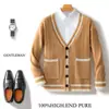 Cardigã Color Block com Bolsos Duplos 100% Lã Masculino Outono e Inverno Jaqueta Tricot Color Block Geométrica Top Solto Masculino