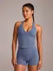 Conjunto de yoga y fitness estilo europeo y americano con cuello halter para mujer, cuello en V, realza el busto, levanta glúteos, para correr, conjunto deportivo de dos piezas