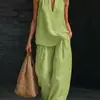 2026 Verão Sem Mangas Solto Gola Halter Férias Estilo Linho Casual Moda Calça Larga Conjunto Profissional para Mulheres com Toque de Luxo