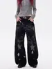 Jeans de Perna Larga com Estampa Salpicada de Strass e Foice, Moda de Rua Solta, Marca de Moda para Homens e Mulheres