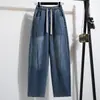 Foto Real de Calças Jeans Wide-Leg Plus Size para Mulheres 2025, Cintura Alta, Emagrecedoras, Cordão, Cintura Elástica, Comprimento Total, Barra Curva, Para Mulheres, Algodão