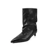 Encuentro Cercano Temporada 2026 Nuevo Otoño/Invierno Estilo Francés Punta Fina Tacón Bajo de Gatito Fruncido Caña Ancha Negro Botines de Moda para Mujer