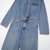 Comércio exterior atacado outono novo feminino lapela abotoamento simples bolso manga longa efeito amassado Jeans macacão longo
