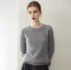 Suéter de punto trenzado de cuello redondo de siete puntos 100% cachemira pura para mujer, jersey de color liso, camisa base cálida casual de manga larga