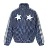 Jaqueta Patchwork Retrô Americana com Listras Lavadas e Bolinhas para Homens e Mulheres Outono Inverno Solta Versátil Casual de Algodão Roupa Exterior