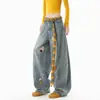 Calça Jeans Desconstruída Bordada Estilo Americano para Homens e Mulheres, Calça Scimitar Solta Lavada de Outono, Calça de Perna Larga com Design de Nicho