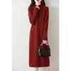 Vestido Longo de Lã com Gola Alta Curta para Mulheres no Outono e Inverno, Saia Suéter, Saia Longa de Tricô para Usar por Baixo, Acima do Joelho, Visual Simples e Emagrecedor