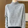Suéter de tricô estiloso com gola alta meia-altura, espessado, cor sólida, base de manga longa, 100% lã premium, para outono e inverno