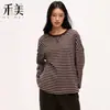 Nueva Camiseta de Manga Larga Rayada con Cuello Redondo y Hombros Caídos Otoño Tallas Grandes Ropa para Mujer Sudadera Holgada Casual Capa Base para Mujer