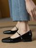 Sapatos Mary Jane de Couro Envernizado Vermelho Primavera Bico Quadrado Raso Salto Baixo Grosso Retrô Francês Tira Única para Mulheres