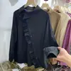 Camisa de botões oblíquos com babados feminina manga longa Primavera e Outono Nova estilo coreano solta peça externa camisa feminina nicho chique top